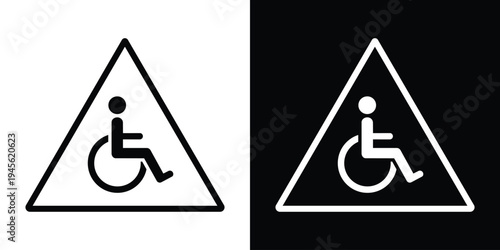Wheelchair accessibility symbol placed inside a triangular warning style frame. Minimal vector icon indicating disability access, mobility assistance areas, accessibility awareness, and inclusive infr