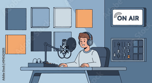 Male Radio Host Recording Live Broadcast.