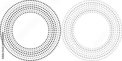 Circular halftone dot ring pattern set with radial gradient effect for abstract frames, borders and modern decorative vector backgrounds