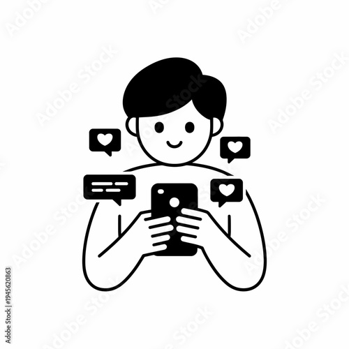 Man holding smartphone with social media icons chat likes vector illustration