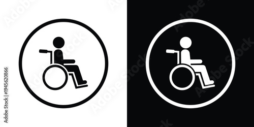 Universal accessibility wheelchair icon placed inside a circular outline. Minimal black and white vector symbol representing disability access, inclusive infrastructure, mobility support, and accessib
