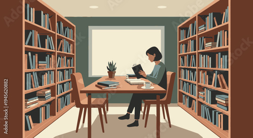 Man Reading Book in Library Setting.