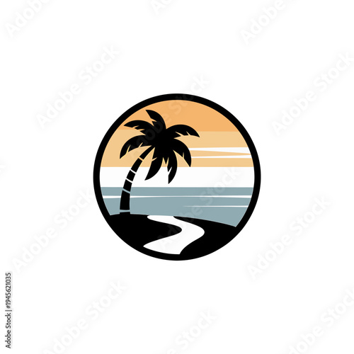 tropical island landscape with palm tree and ocean view