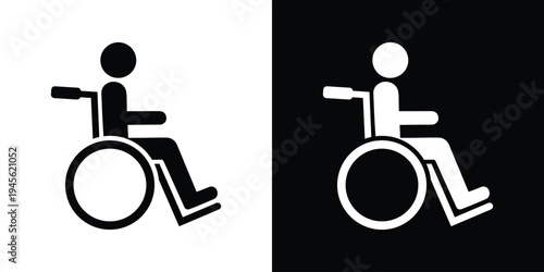 Minimalist wheelchair assistance icon set. Vector stick figures representing a caregiver pushing a patient. High-contrast black and white graphics for accessibility signage and medical apps.