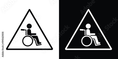Wheelchair accessibility symbol placed inside a triangular warning style frame. Minimal vector icon indicating disability access, mobility assistance areas, accessibility awareness, and inclusive infr