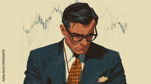 Wallpaper Mural Illustration Man in suit with glasses, furrowed brow, financial charts in background Torontodigital.ca