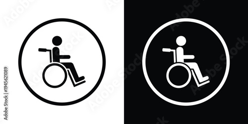 Universal accessibility wheelchair icon placed inside a circular outline. Minimal black and white vector symbol representing disability access, inclusive infrastructure, mobility support, and accessib