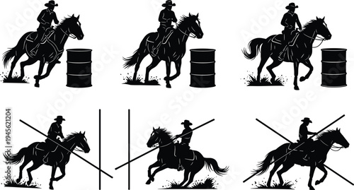 Western Rodeo Silhouette Set Featuring Cowboy Horse Riders Barrel Racing and Pole Bending Competition Action Scenes for Equestrian Sport Vector Design