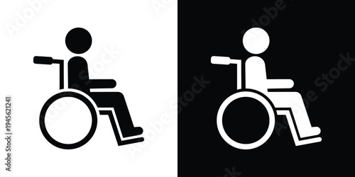 Minimalist wheelchair accessibility symbol showing a person seated in a wheelchair in side profile. Clean black and white icon isolated on light and dark backgrounds, representing disability access, m