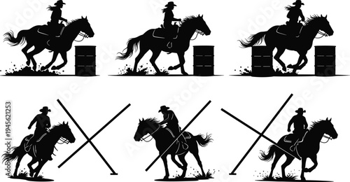 Western Rodeo Silhouette Set Featuring Cowboy and Cowgirl Horse Riders Barrel Racing and Pole Bending Competition Action Scenes for Sport Vector
