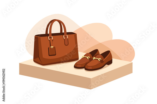 Stylish Brown Leather Handbag and Loafer Shoes Displayed.