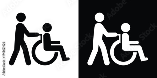 Minimalist wheelchair assistance icon set. Vector stick figures representing a caregiver pushing a patient. High-contrast black and white graphics for accessibility signage and medical apps.