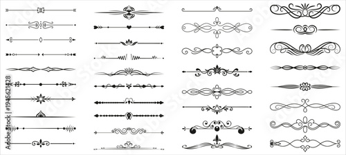 Vintage ornamental flourish divider collection decorative calligraphic separators for wedding invitation certificate luxury typography decoration set.