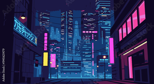 Neon Cityscape with Futuristic Skyscrapers at Night.