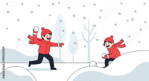 Children Playing Snowball Fight in Winter Wonderland