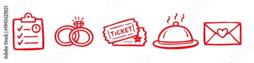 Red hand-drawn icons for wedding and event planning, featuring a checklist, wedding rings, event tickets, a food cloche, and a heart envelope. Minimalist vector doodle illustration set.