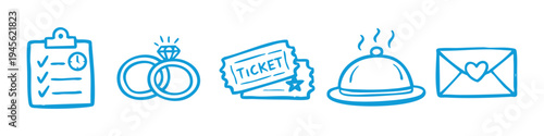 Blue hand-drawn event planning icons featuring a checklist, wedding rings, tickets, dinner cloche, and love letter. Ideal for wedding organization, date nights, and special occasion designs.