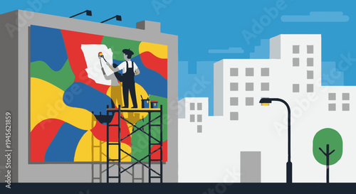 Painter Creating Vibrant Mural on Building Wall.