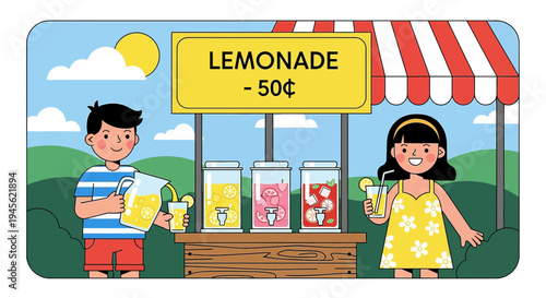 Children Selling Lemonade at a Stand on a Sunny Day