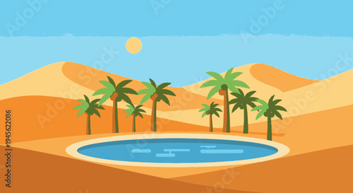 Palm Trees Surrounding Oasis in Desert Landscape.