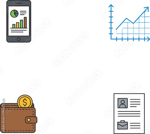 Business icons showing data analysis, growth chart, wallet finance, and resume application representing career, money, and professional success