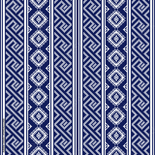 Seamless Geometric Pixel Pattern with Navy Blue and White Vertical Borders and Meander Motifs