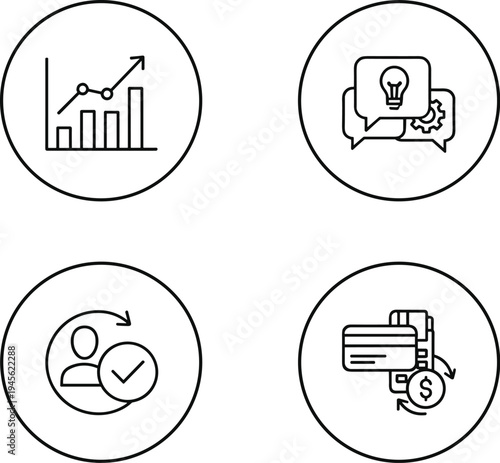 Business icons showing growth chart, innovation communication, user verification, and financial transaction concepts in modern circular design