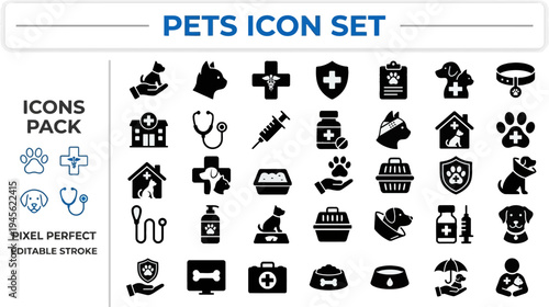 Pet Care and Veterinary Clinic Glyph Icon Set — Animal Health Care, Vet Dog and Cat Medical Symbols Vector Collection