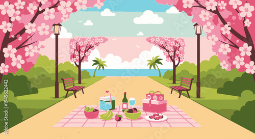 Picnic Setup with Food and Drinks on Blanket.