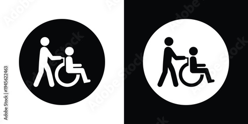 Solid round disability support icons. Patient in wheelchair with assistant inside a filled circle. Bold, flat vector style ideal for UI design, transportation signs, and nursing home labels.
