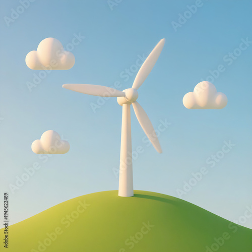 A 3D rendered, stylized image featuring a white wind turbine centered on a rolling green hill under a clear blue sky during sunset or sunrise.
