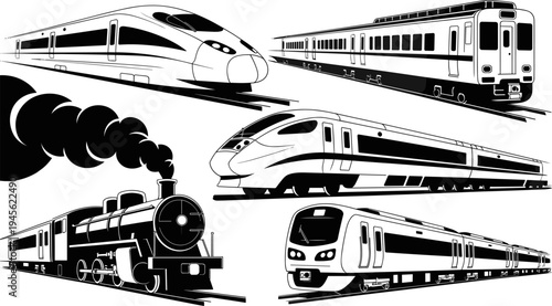Train illustrations collection, steam locomotive, passenger train, high-speed rail, commuter transport art