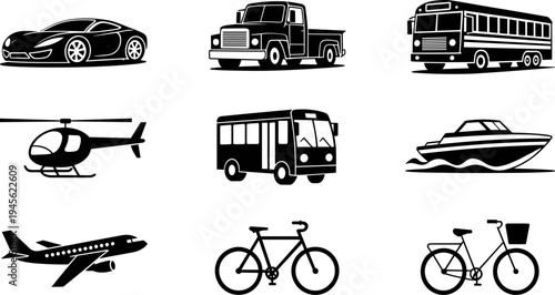 Transportation icons collection, car, bus, truck, airplane, helicopter, bicycle, motorboat, travel vehicles