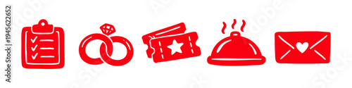 Set of red hand-drawn icons for wedding and event planning, featuring a checklist, interlocking rings, tickets, dinner platter, and a love letter envelope. Ideal for celebration designs.