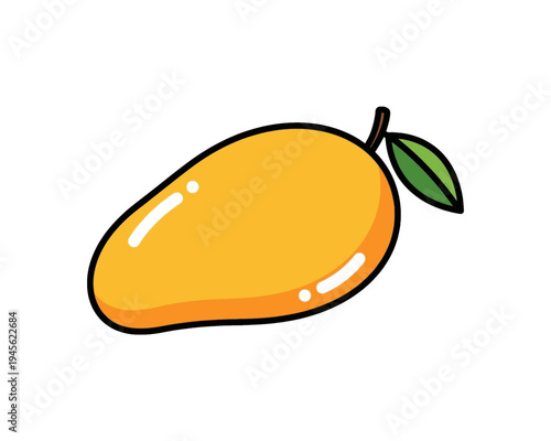 Simple yet charming yellow mango vector illustration, featuring a green leaf and stem, ideal for healthy eating graphic designs.