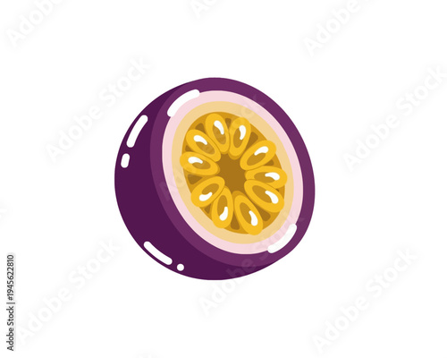 A vibrant vector illustration depicting a fresh passion fruit sliced in half, revealing its juicy, edible pulp and seeds.