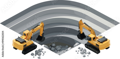 Digital illustration of open-pit mining operation with excavators digging rock layers, representing heavy machinery, geological extraction, industrial engineering, and mining industry artwork