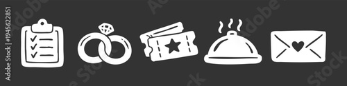 Wedding and event planning icons set in hand-drawn doodle style. Featuring checklist, diamond rings, tickets, dinner cloche, and love letter on a dark background.