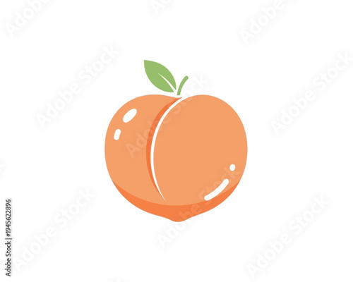Minimalist vector graphic illustration of a ripe orange peach fruit with a single green leaf atop its stem
