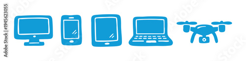 Set of hand-drawn blue icons representing digital devices: monitor, smartphone, tablet, laptop, and drone. Minimalist doodle-style illustration for modern technology and gadget concepts.