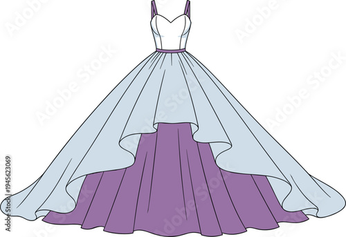 Elegant evening gown dress with layered flowing skirt and long train, luxury fashion formal dress vector illustration isolated on white background