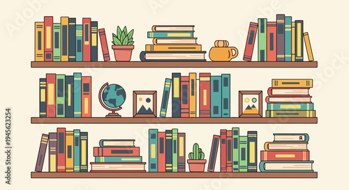 Colorful Bookshelf with Books and Decor Items in Flat Style Illustration