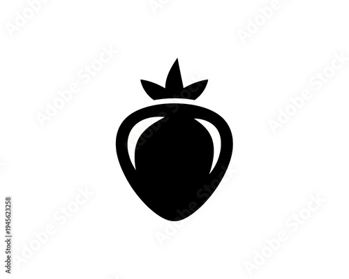 Minimalist black and white vector graphic illustration of a stylized strawberry fruit icon design.