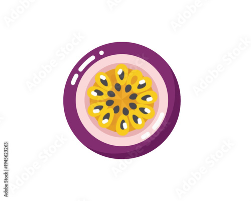 Vibrant vector illustration showcasing a perfectly sliced fresh passion fruit, revealing its rich purple rind, golden pulp, and dark seeds, ideal for healthy eating concepts.