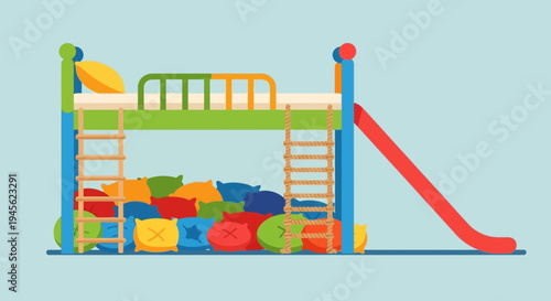 Colorful Kids Bunk Bed with Slide and Playful Pillow Pit Illustration