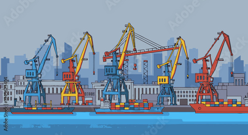 Industrial cranes at commercial dockyard facility.