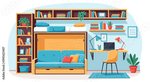 Compact Living Space Interior with Murphy Bed and Integrated Workspace