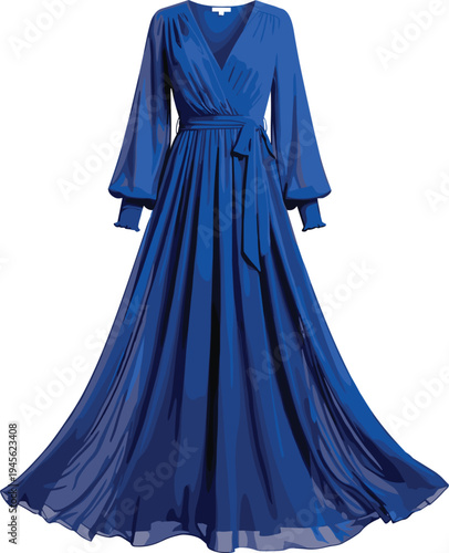 Elegant royal blue long dress with flowing skirt, V-neckline, wrap-style bodice, puffed sleeves, and fabric belt, symbolizing fashion, evening wear, sophistication, and creative artwork projects