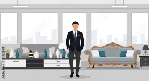 Confident Businessman Standing in Elegant Luxury Apartment Living Room