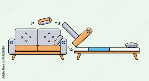 Convertible Sofa Bed Functionality Illustration on Pale Green Background